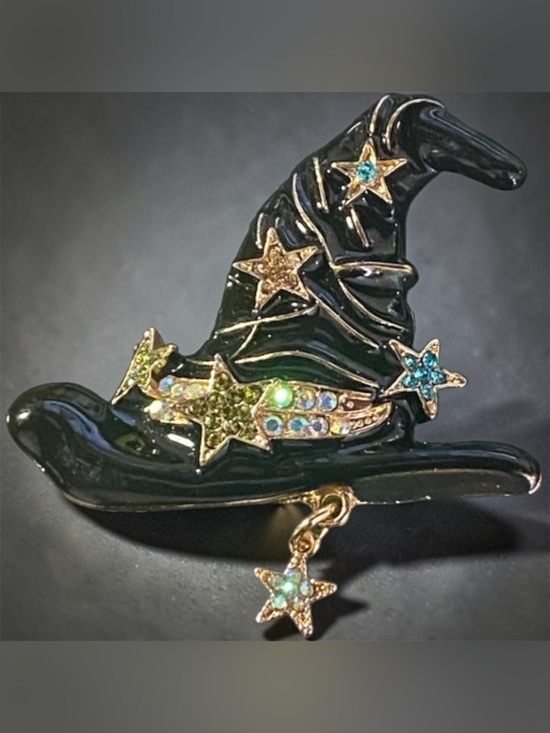 Jewelry - Black Witch Hat Star Brooch with Multicolor Crystals